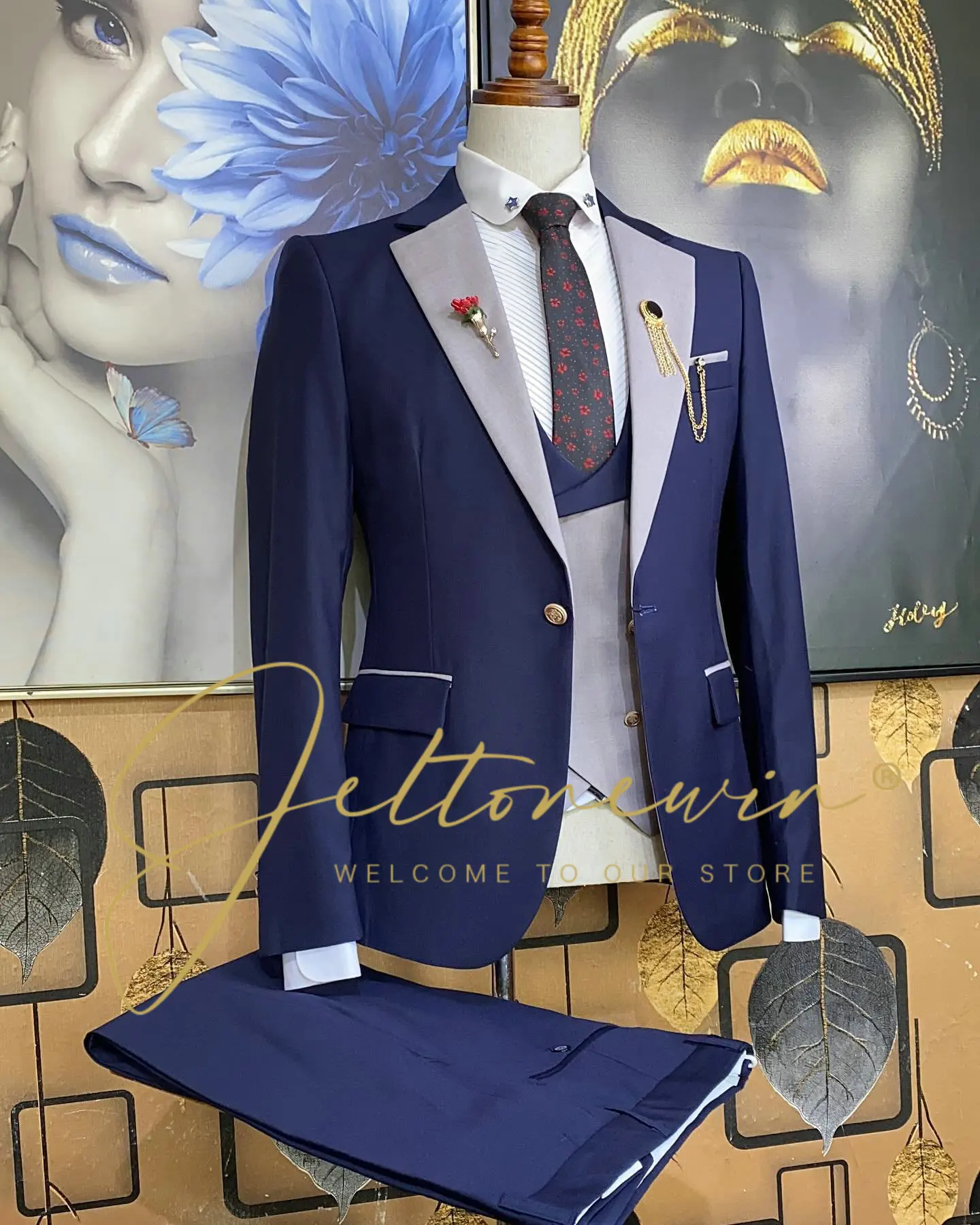 

Мужской темно-синий костюм-тройка с серым лацканом и жилетом в тон, приталенная официальная одежда для свадебной вечеринки, жениха