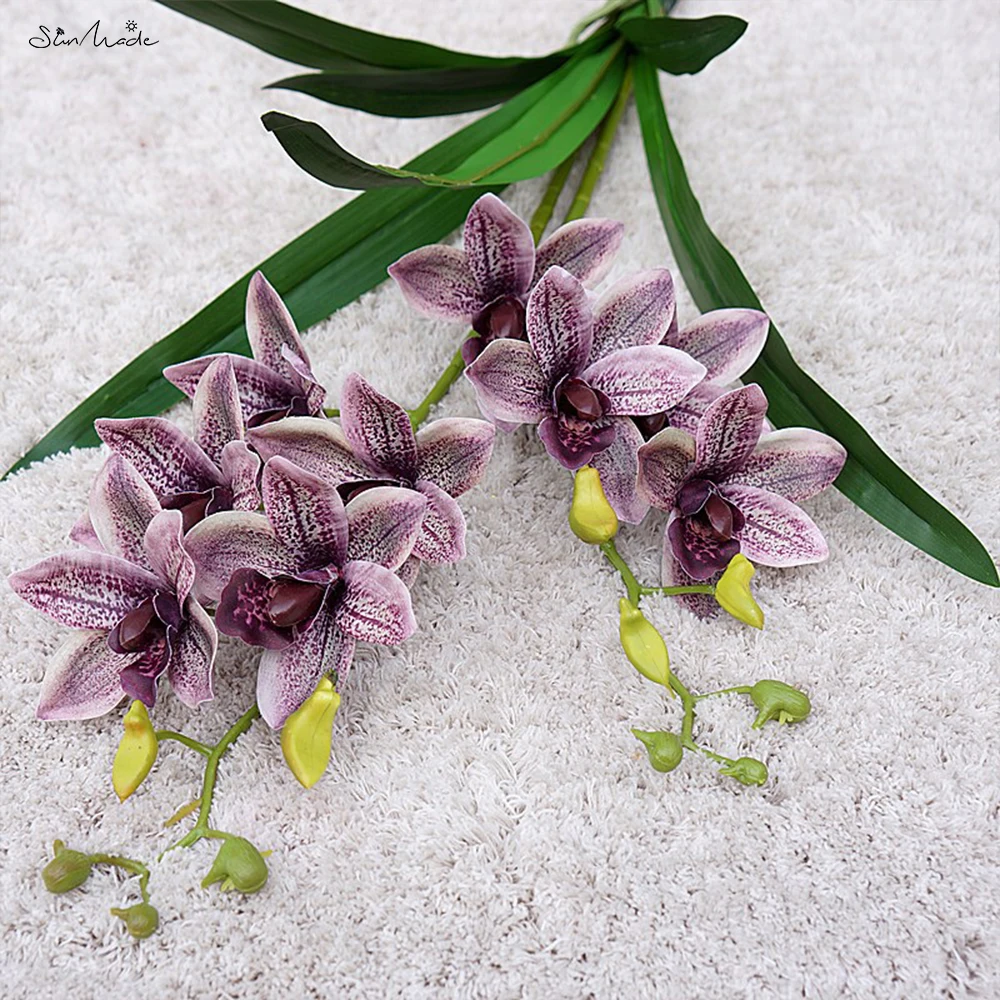 SunMade Real Touch Cymbidium Orchid Bouquet with Fake Leaves Flores Artificales Wedding Home Decor Flower Arrangement Materials