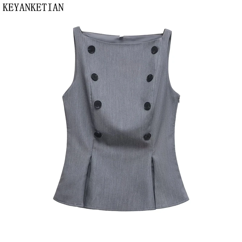 KEYANKETIAN 2025 Summer New Women Double Breasted Decoration Slim Vest Pleated Patchwork Slash neck Sleeveless Crop Top Camisole