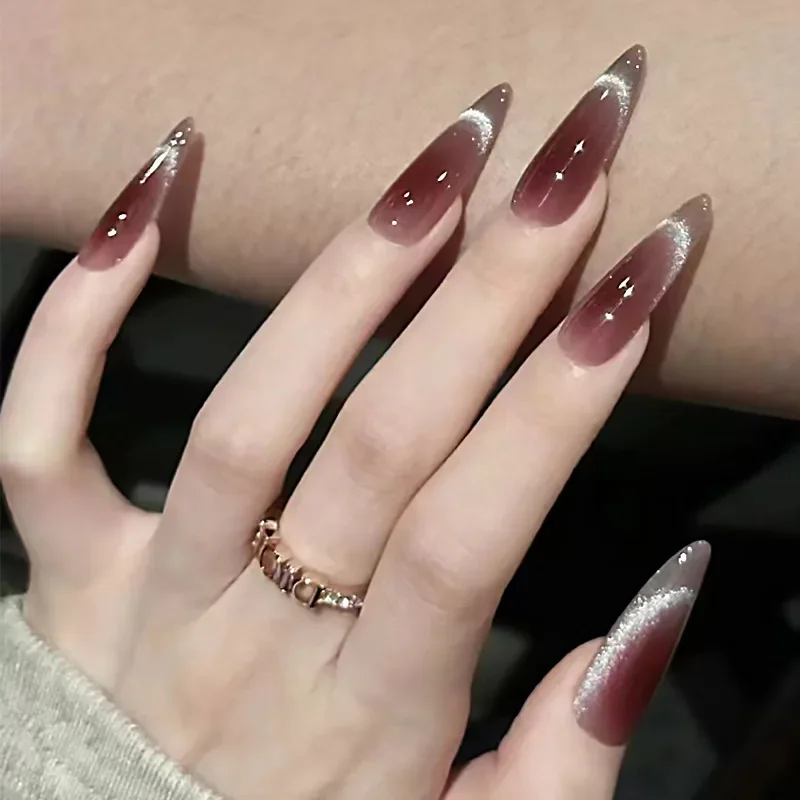 30Pcs Wine Red Fake Nail With Gradient Print Design Long Stiletto False Nails Wearabe Almond Press on Nails Full Cover Nail Tips