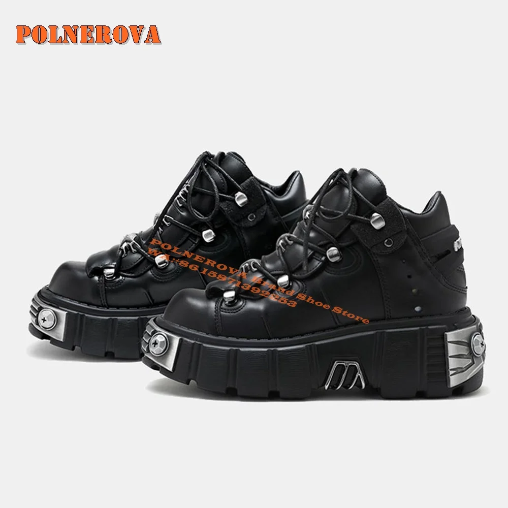 Zapatos de tacón Punk de talla grande de Metal pesado, punta redonda, suela sin mangas, decoración de Metal atada cruzada, botines de pareja de estilo gótico, invierno 2024