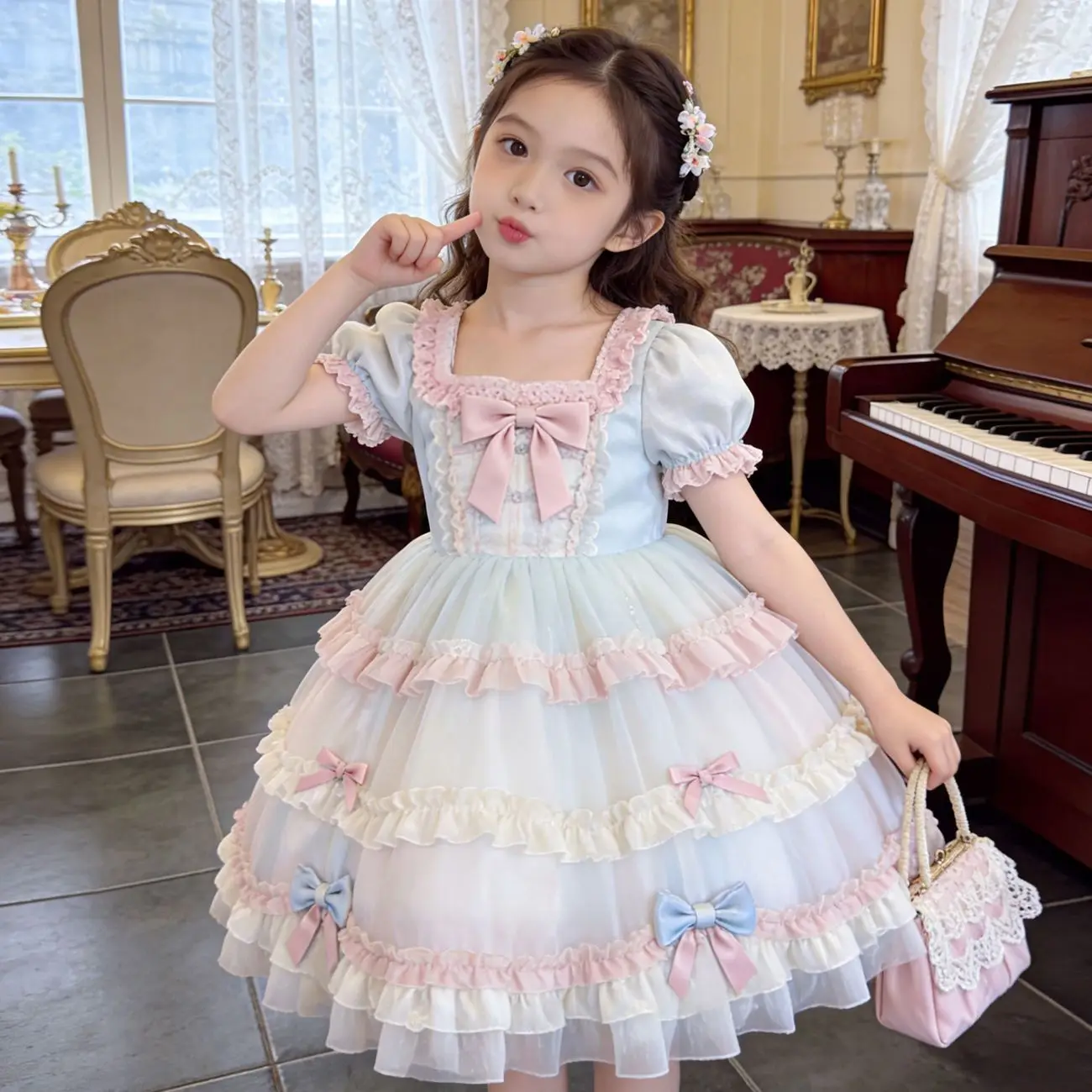 Girls Lolita Princess Dress 2026 Summer Kids Short Sleeve Birthday Party Gown Children Sweet Clothing