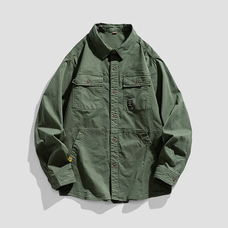 Spring Autumn Hot Sale Mens Versatile Retro Style Workwear Shirt Multiple Pockets Simple Collar Top Fashionable Outerwear