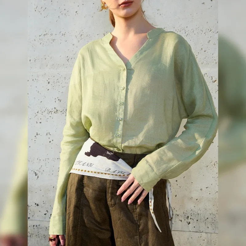 

Рубашки из чистого 100% рами, повседневные женские рубашки с v-образным вырезом и длинными рукавами, свободные летние каникулы, солнцезащитная легкая однобортная блузка