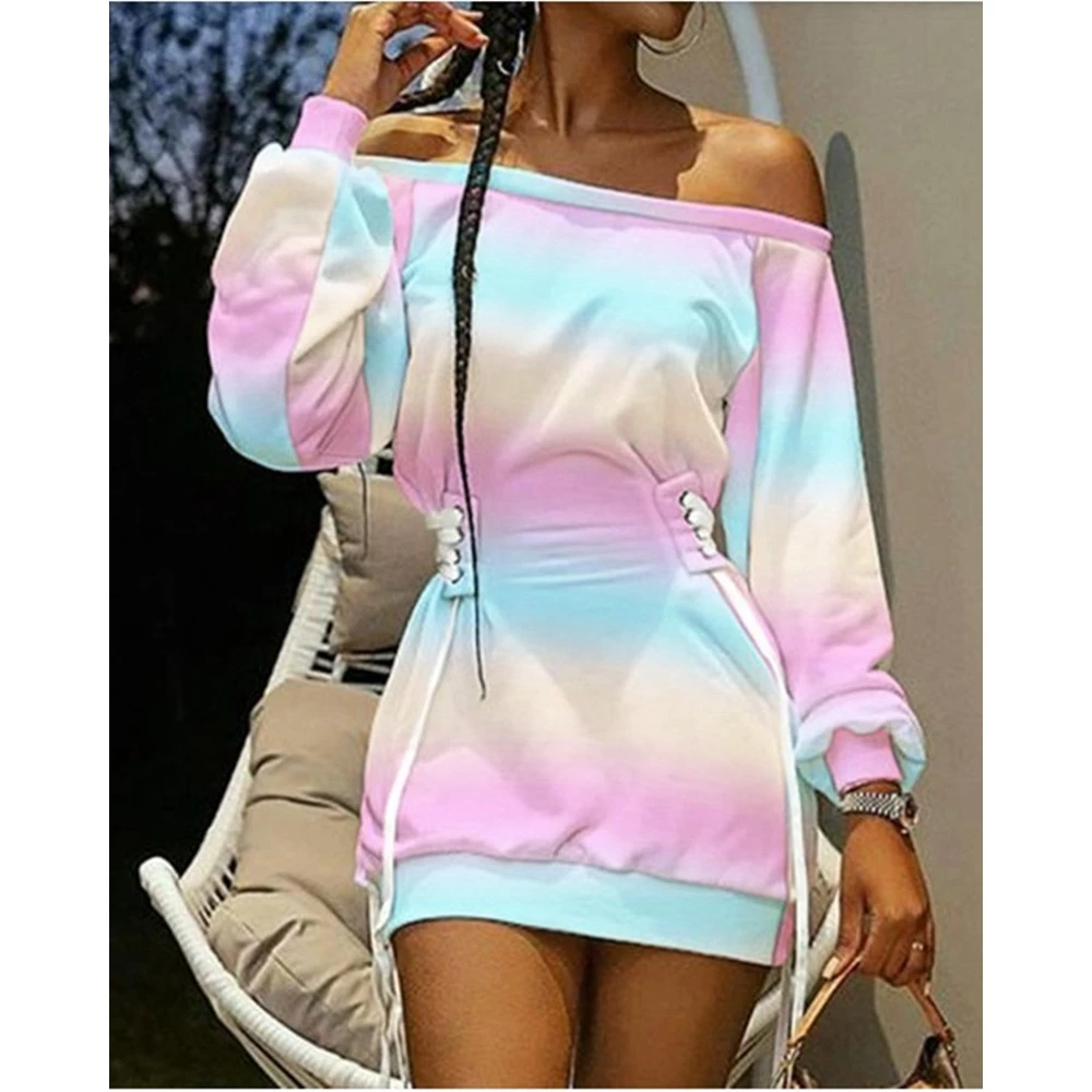 Women's Ombre Print Bodycon Dress Femme Off The Shoulder Tied Waist Long Sleeve Casual Party Dresses Spring Autumn