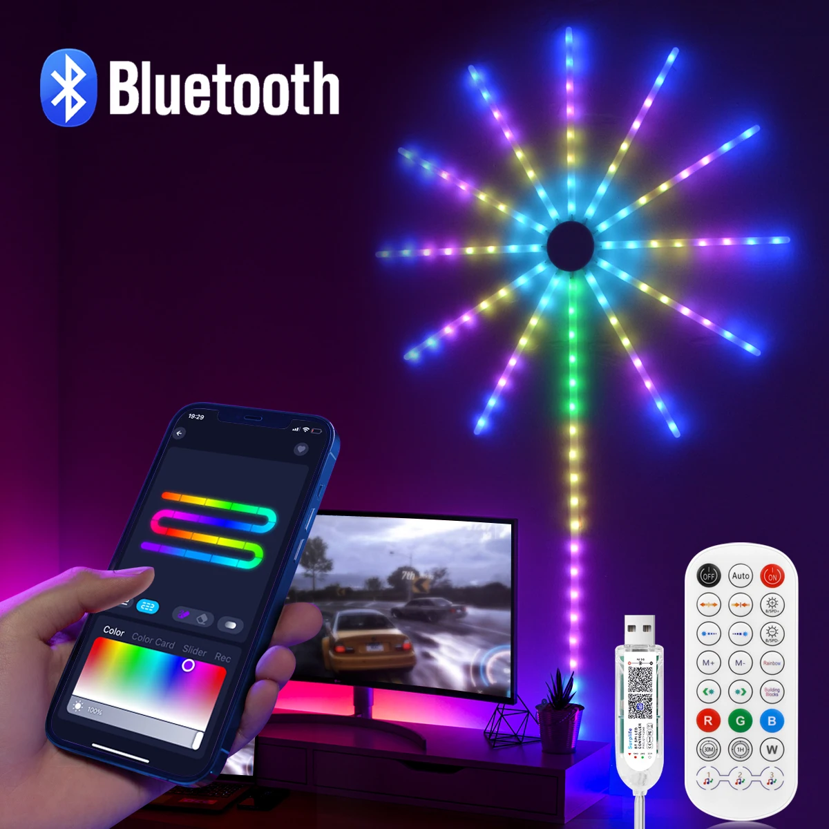 USB 5V Bluetooth Full Color Night Light Fireworks Lamp Waterproof  Neon LED String Light Wall Lamp Outdoor Garden Bedroom Decor