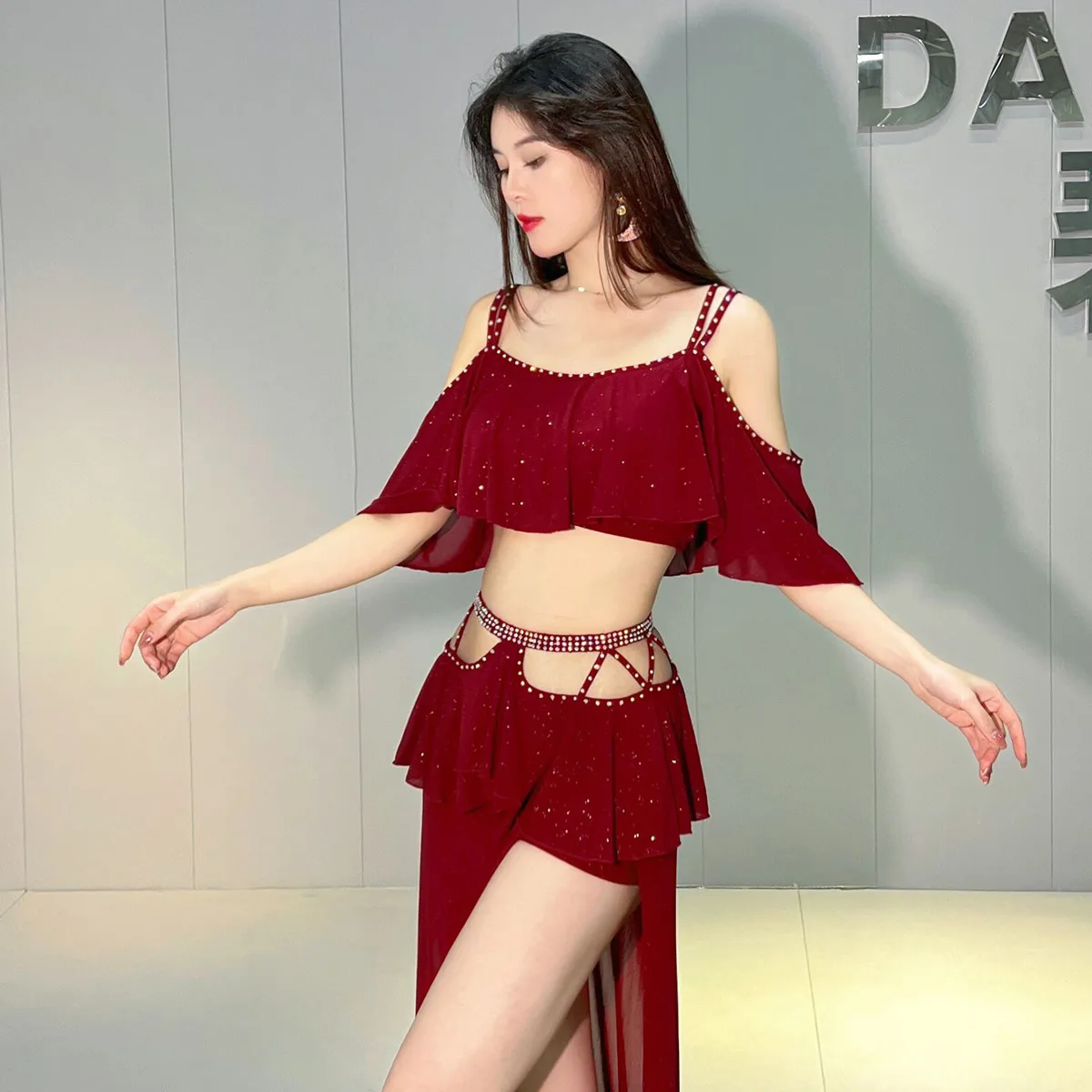 Belly Dance Clothing 2023 New Autumn Winter Mesh Short Sleeves Top+long Skirt 2pcs Oriental Training Suit Women Bellydance Set