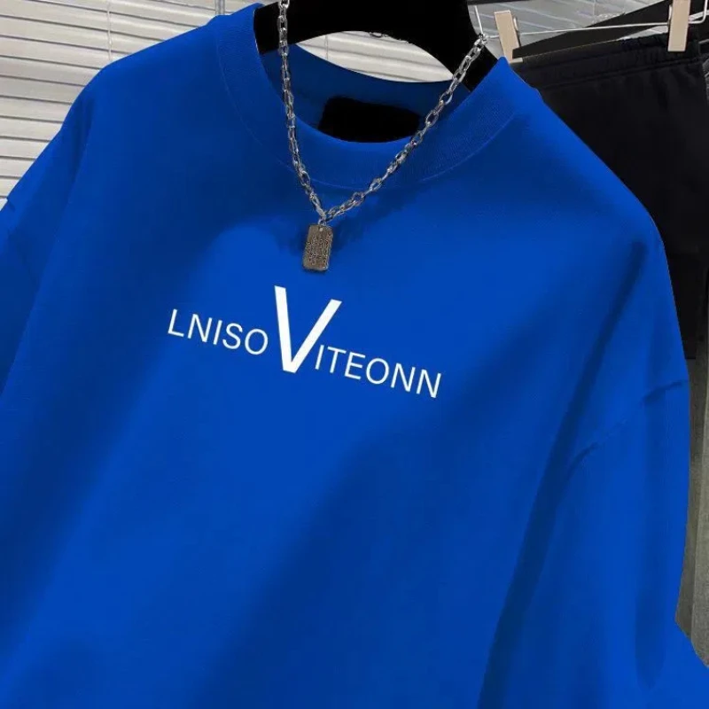 Men's Spring and Autumn 2024 New Splicing Pullovers O-Neck Letter Fashion Solid Color Loose and Versatile Casual Long Sleeve Top