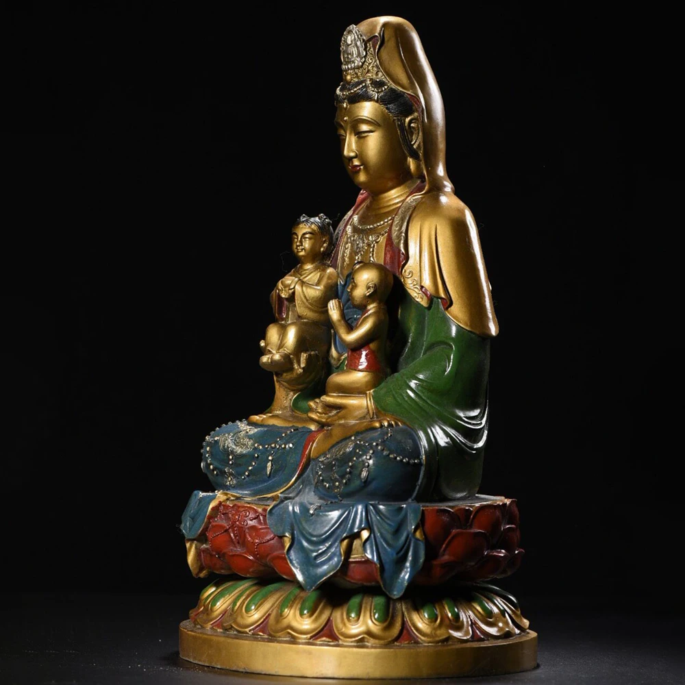 Child Giving Guanyin Brass Buddha Statue Pure Copper Gilt Painted Tibetan Home Entrance Altar Decor