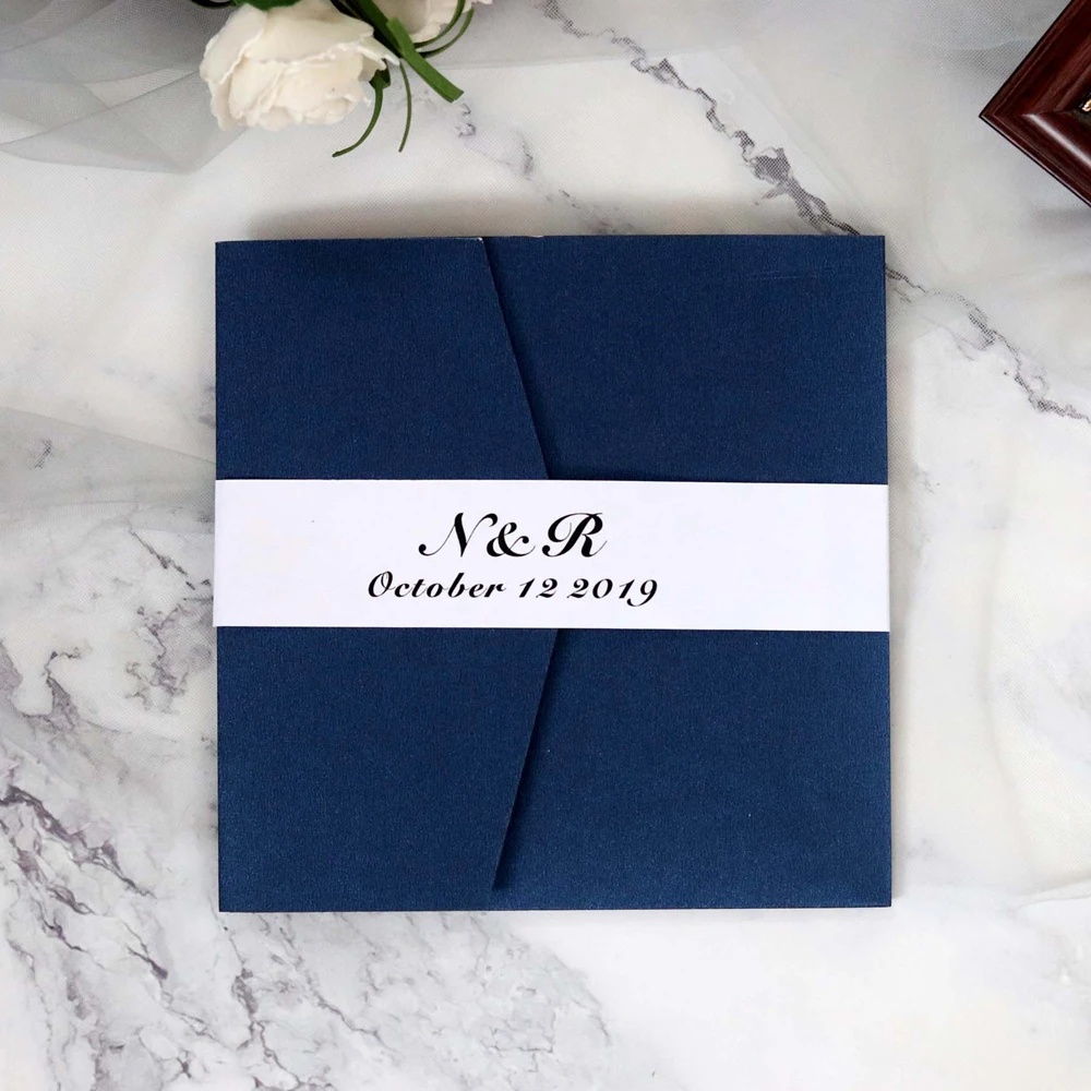 

50 pieces Retro Tri-fold Pocket Wedding Invitation Card Customized Print Navy Blue Engagement Marriage Invite RSVP Cards IC163