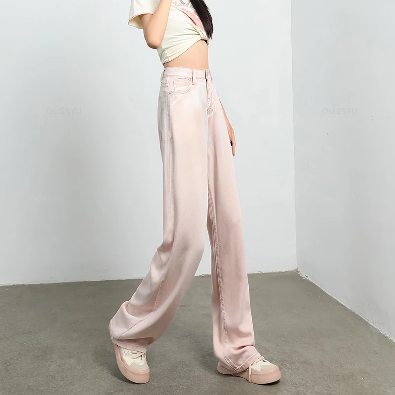 Summer Soft Lyocell Fabric Woman Jeans Loose Wide Leg Straight High Waisted Thin Pant Fashion Comfort Pink Casual Trousers