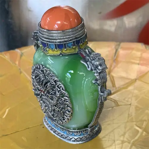 Green Jade Tibetan Copper Dragon Snuff Bottle China Antique Collection Ornaments