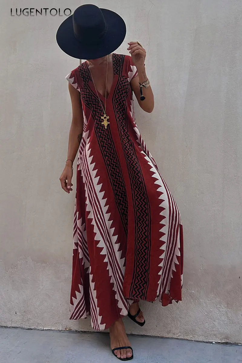 

Lugentolo Women Casual Loose Dress Holiday Short Sleeve Summer V-neck Big Swinng Female Pullover Thin Beach Print Maxi Dresses