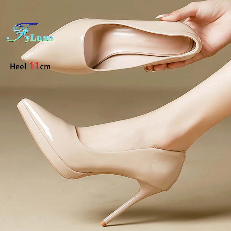 

Metal high heel Pointed Single Shoes 9.5CM Stiletto Summer Soft Leather Office Women Shoes Classic Black Woman Pumps