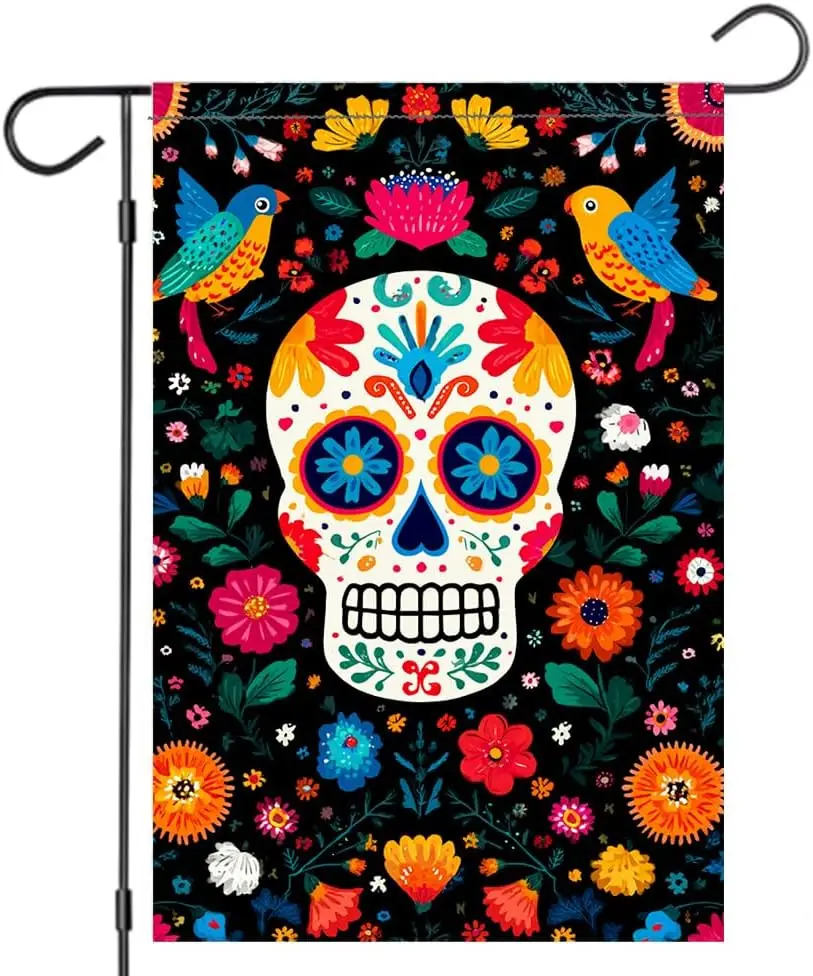 Linen material- Colorful Sugar Skull Garden Flag 11.81 x 17.72 inch Floral Mexican Folk Art Design Vibrant Skeleton Theme Ou GGO