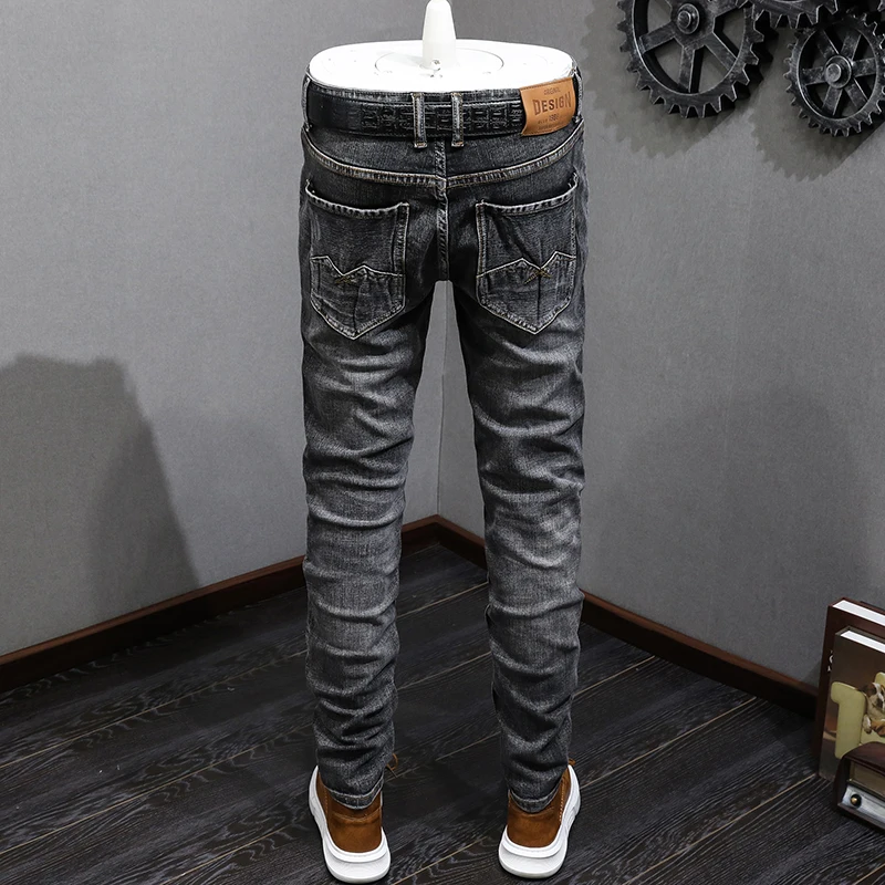 Fashion Designer Men Jeans High Quality Retro Black Gray Stretch Slim Fit Ripped Jeans Men Vintage Designer Denim Pants Hombre