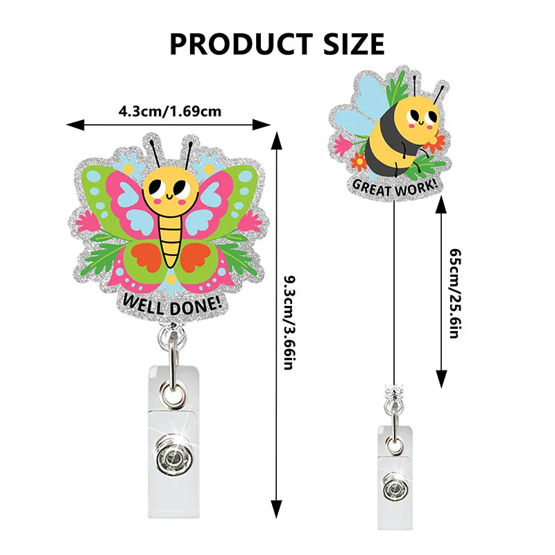 Cute Glitter Acrylic Ladybird & Bees Badge Reel Retractable ID Badge Holder With 360 Rotating Alligator Clip Nurse Name Holder