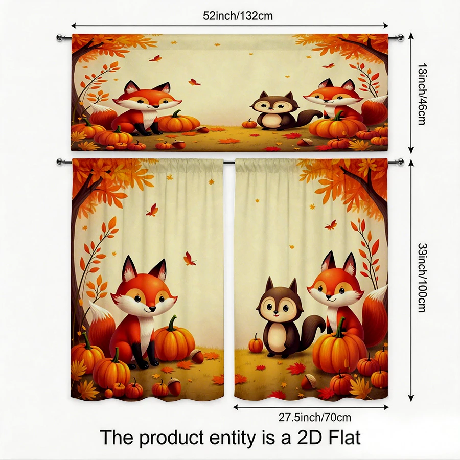 Thanksgiving Fall Kitchen Curtains, Fox Squirrel Pumpkin, Digital Print, Kitchen Dining Room, Rod Pocket Polyester, Home Decor