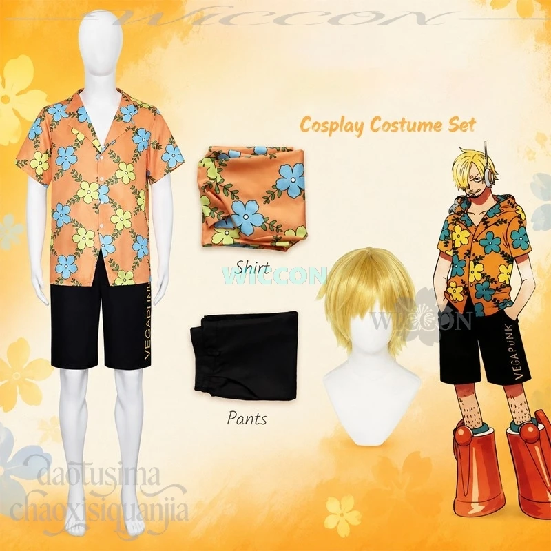 Disfraz de Cosplay de Pirata con Cabeza de Huevo de Anime, Disfraz de Sangzji, Camisa de Manga Corta Estilo Hawaiano, Pantalones Cortos, Pelucas Amarillas, Disfraz de Halloween y Navidad