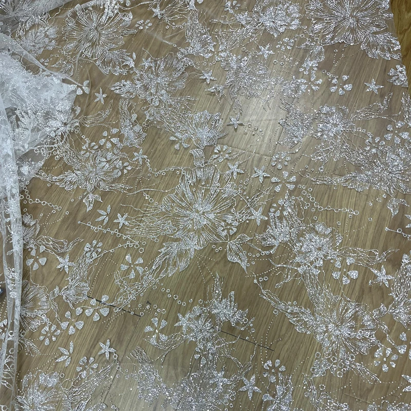 Mesh Fabric Silver Powder Lace Glitter for Wedding Dress Designer Handmade Diy Sewing Material Cloth By The Meter