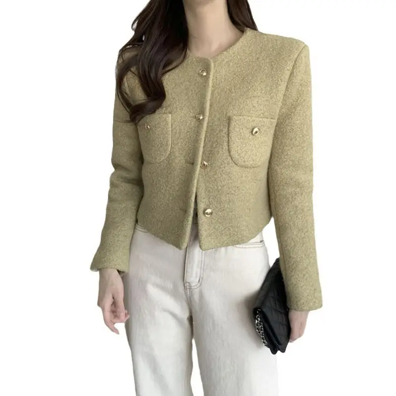 

Korean Sle Woolen Coat Autumn Winter New Arrival Ele Commute Small Fraance Sle Pure Color Open Cardigan Outerwear