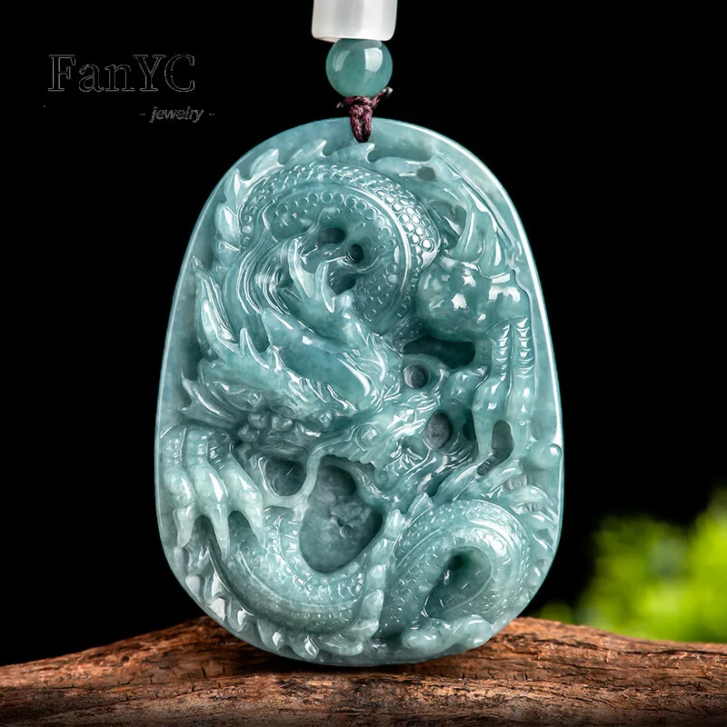 Myanmar Jadeite Blue Water Domineering Zodiac Dragon Pendant Hand-carved Atmospheric Luxury Ice Jade Necklace Men and Women Gift