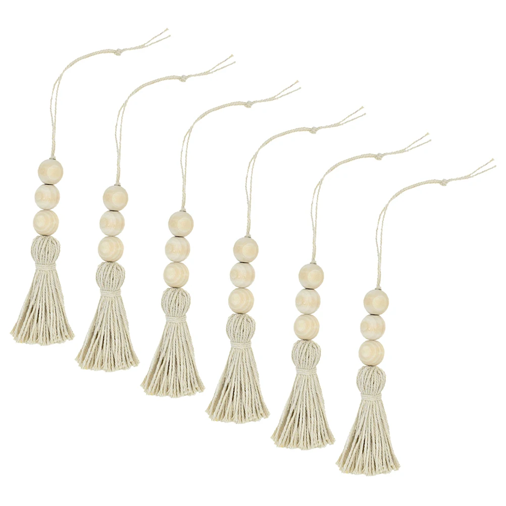 

6pcs Cotton Thread Wooden Bead Tassel Decorations Closet Door Handle Pendant Ornaments For Home Holiday Christmas Car Keychain