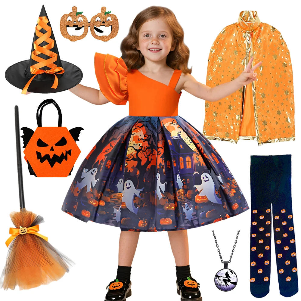 

Костюм ведьмы для маленьких девочек на Хэллоуин, карнавальная вечеринка, платье злого вампира, нарядное оранжевое платье с принтом призрака для младенцев, аксессуары для ведьмы