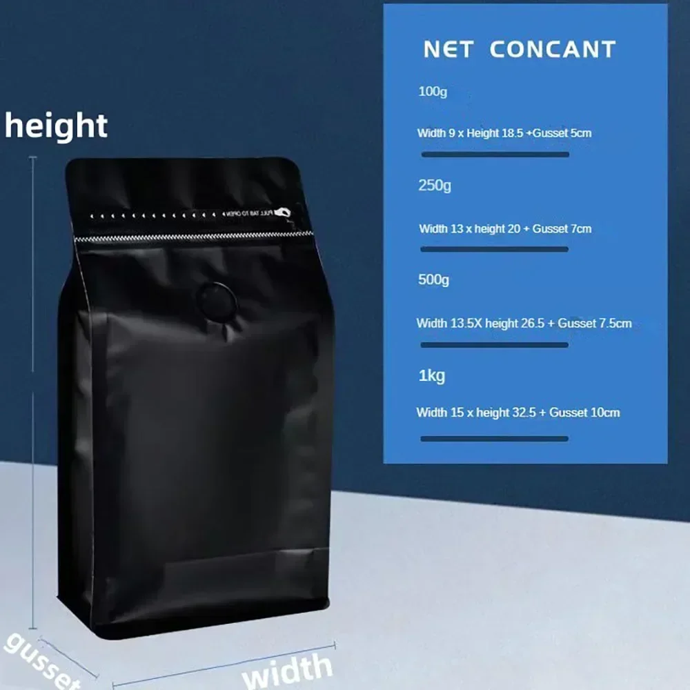 50pcs Matte Black 100g 250g 500g 1kg Roast Coffee Bean Powder Plastic Packaginge Bags with valve and Resealable Zipper
