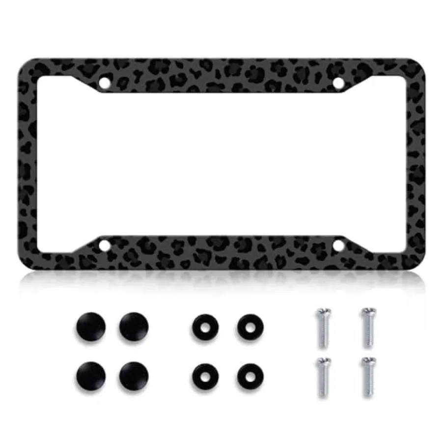 

Black Leopard Cheetah Print License Plate Frame Funny Animal Print License Plates Holder Stainless Steel Auto Parts Rust-Proof