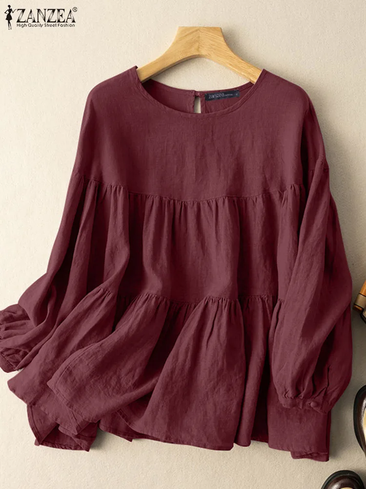 ZANZEA Autumn Women Tops Solid Cotton Blouse Lapel Long Sleeve Shirt Female O Neck Work Blusas Casual Loose Holiday Chemise
