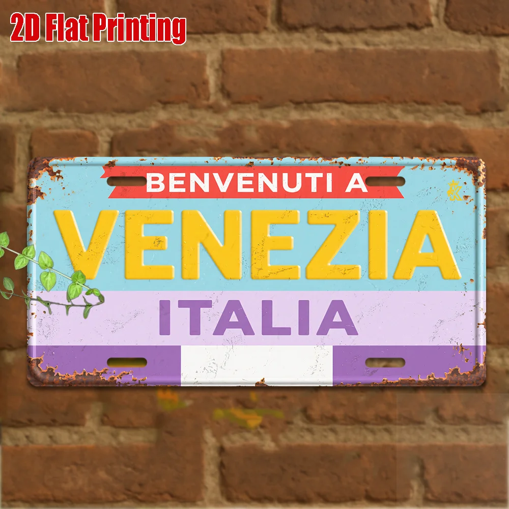 2D Flat, 1pc Vintage Venetian License Plate - Italian Welcome Sign with Venetia Text, Light Blue to Purple Gradient - Heavy-Duty