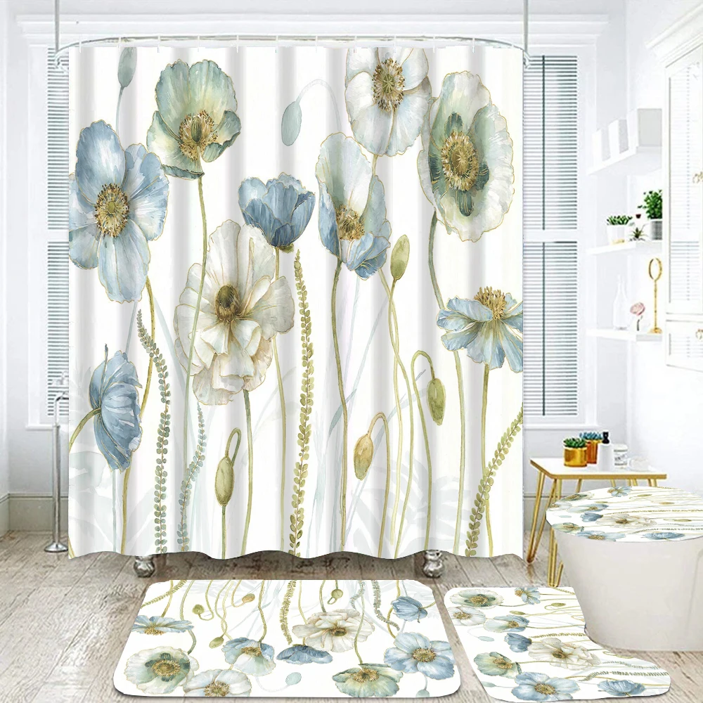 

Flower Shower Curtains Set 3D Printing Bathroom Accessories Partition Waterproof Fabric Flowers Bath Curtain and Rugs Mat Set