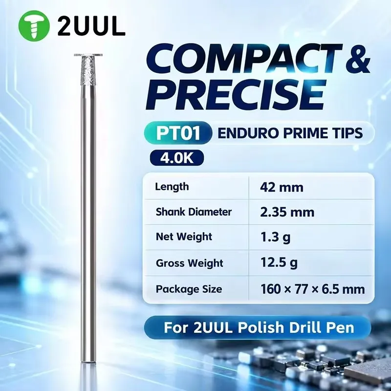 2UUL PT01 Enduro Prime Tips 4.0K Grinding Bit with 2.35mm Shank 42mm Length for Polish Drill Pen Phone PCB Repair Polishing Tool