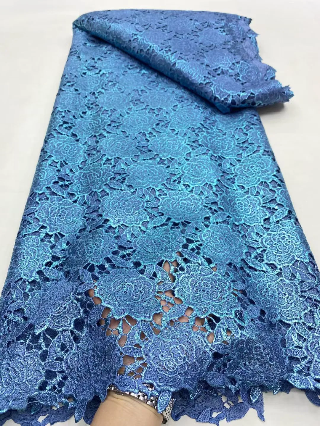 

2025 African Nigerian High-Quality Embroidery Sequins Tulle Lace Fabric Guipure Beads for Prom Dresses Cotton 5 Yard DP0450