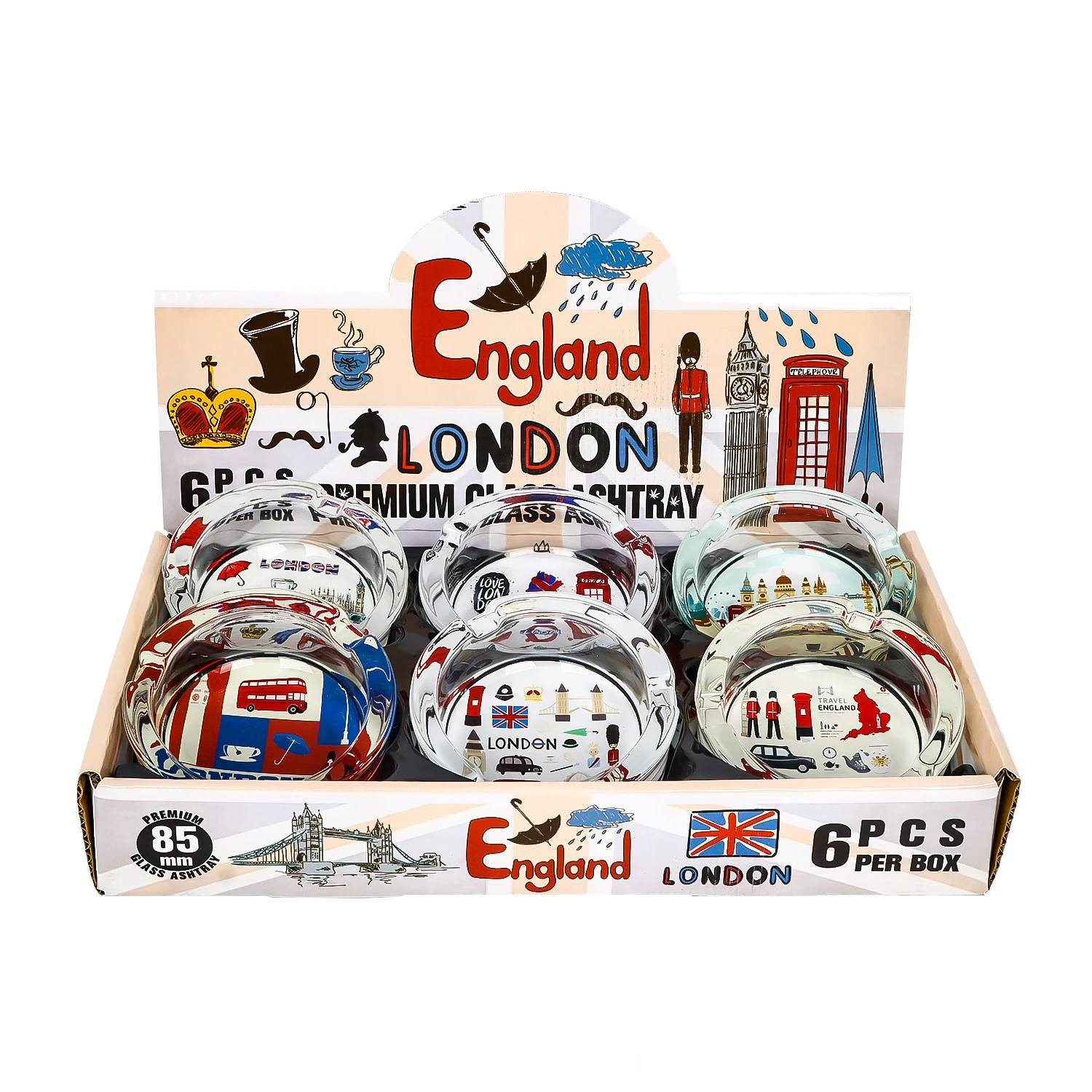

Color Box 6pcs London Style Glass Ashtray Office Home Decoration Lighter Burning Tobacco Ash Tray Outddor Smoking Accessories