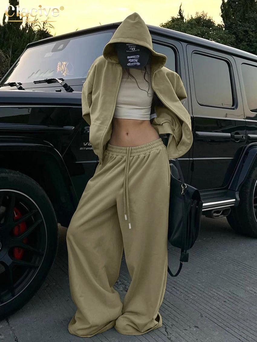 Clacive Casual Loose Khaki Trousers Sets For Women 2 Pieces 2025 Elegant Long Sleeve Hooded Shirt With Mid Waist Wide Pants Set