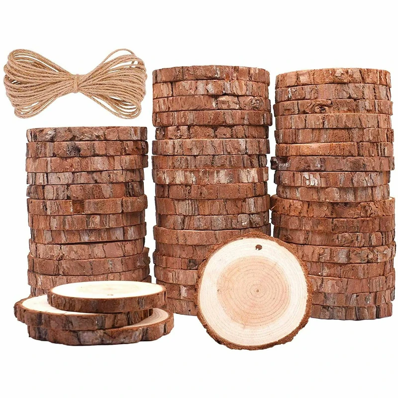 6-8cm Natural Wood Slices Pre Drilled Wood Slices Unfinished Round Wood Slices With Rope Natural Wood Slices For DIY Crafts