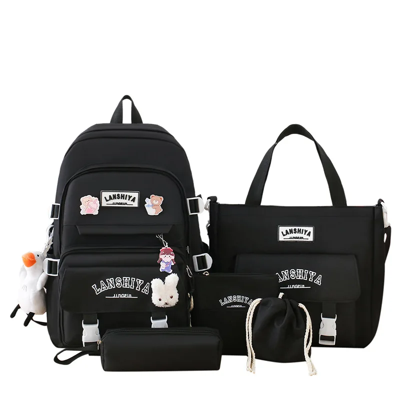

5-piece Set of Free Pendants Forest Style Korean Version Casual Harajuku Student Backpack for High School Girls Large Capacity