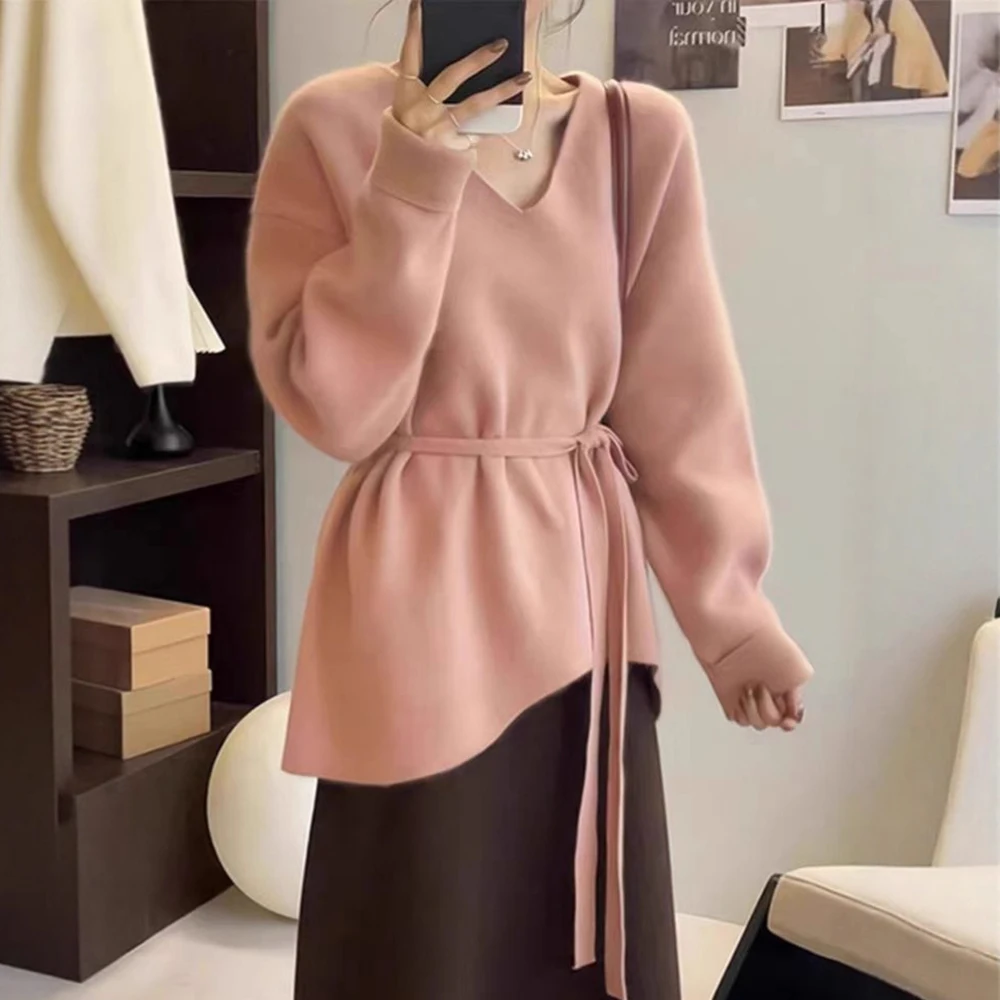 

Irregular White V-Neck Sweater Elegant Women's Autumn Winter Mid-Long Lazy Knitted Pullover Design Tie-Up Detail Fashion Tops
