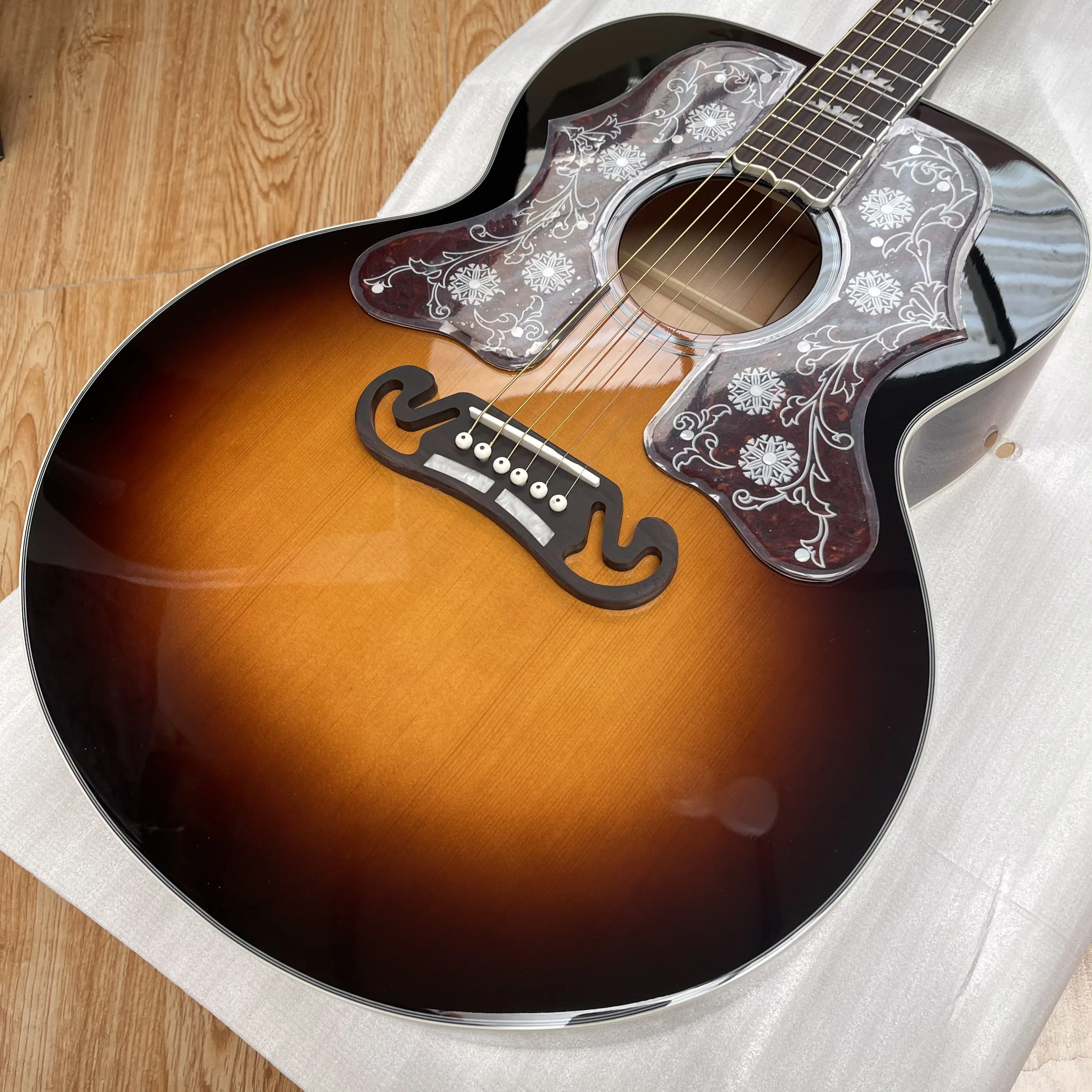 NUEVO 43 # Cuerpo Jumbo para guitarra, incrustaciones de abulón Real, tuerca de hueso/silla en puesta de sol Vintage Sunburst 241010