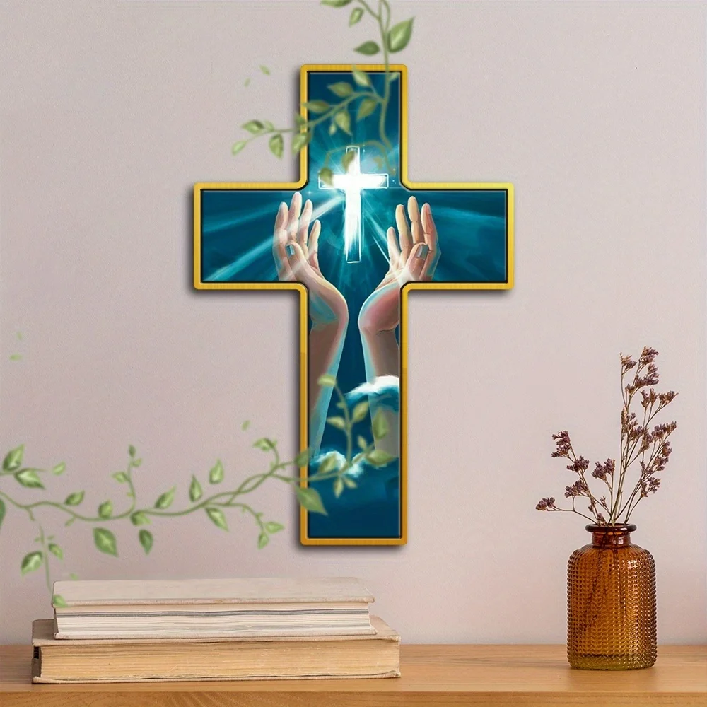 2D 12in Rustic Farmhouse Style Crucifix Green Bright Wooden Cross Wall Hanging Home Decor Christian Prayer Room Gift