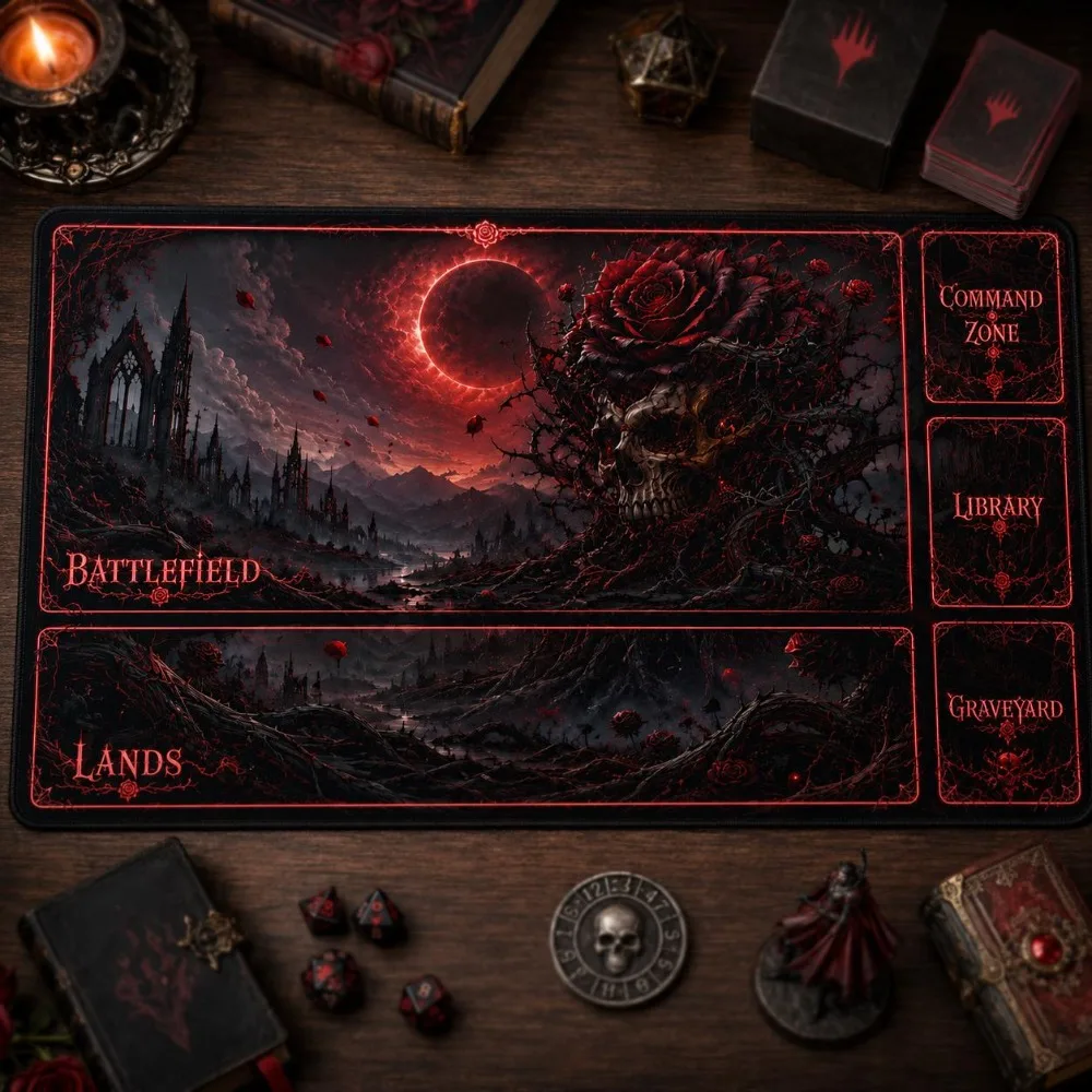 Dark Fantasy Skull Rose MTG Playmat Gothic Gaming Desk Mat for Magic The Gathering Commander EDH Zones Eclipse Landscape Gift