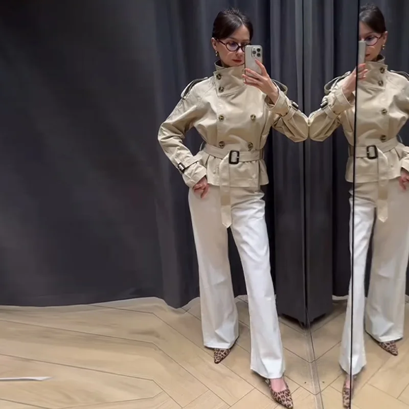 

Spring Women's Clothing New Stand-up Collar Short Trench Coat Temperament Commuter Double-breasted Trench Coat Europe America