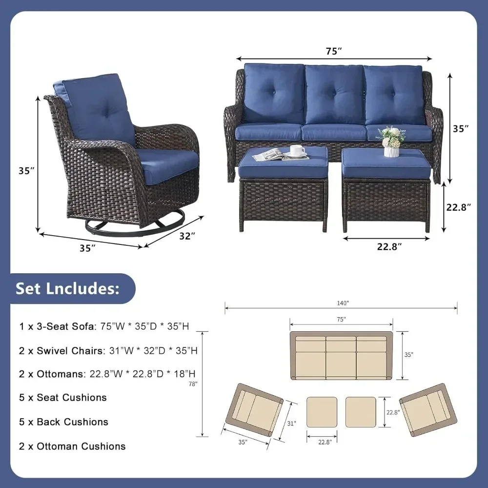 Set di conversazione componibili da esterno in Rattan con 2 sedie girevoli a dondolo, divani da giardino marrone/blu con 2 pouf