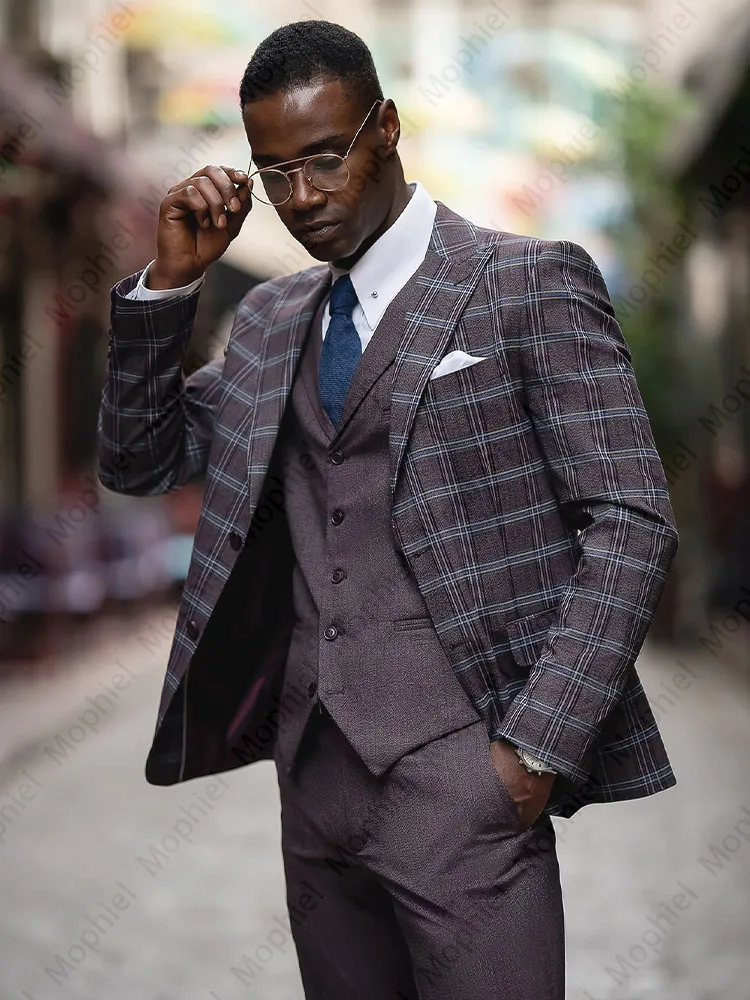 African Men's Suits Peaked Lapel Single Breasted Plaid Tuxedo 3 Piece Set Slim Fit Formal Business Office Blazer Customized