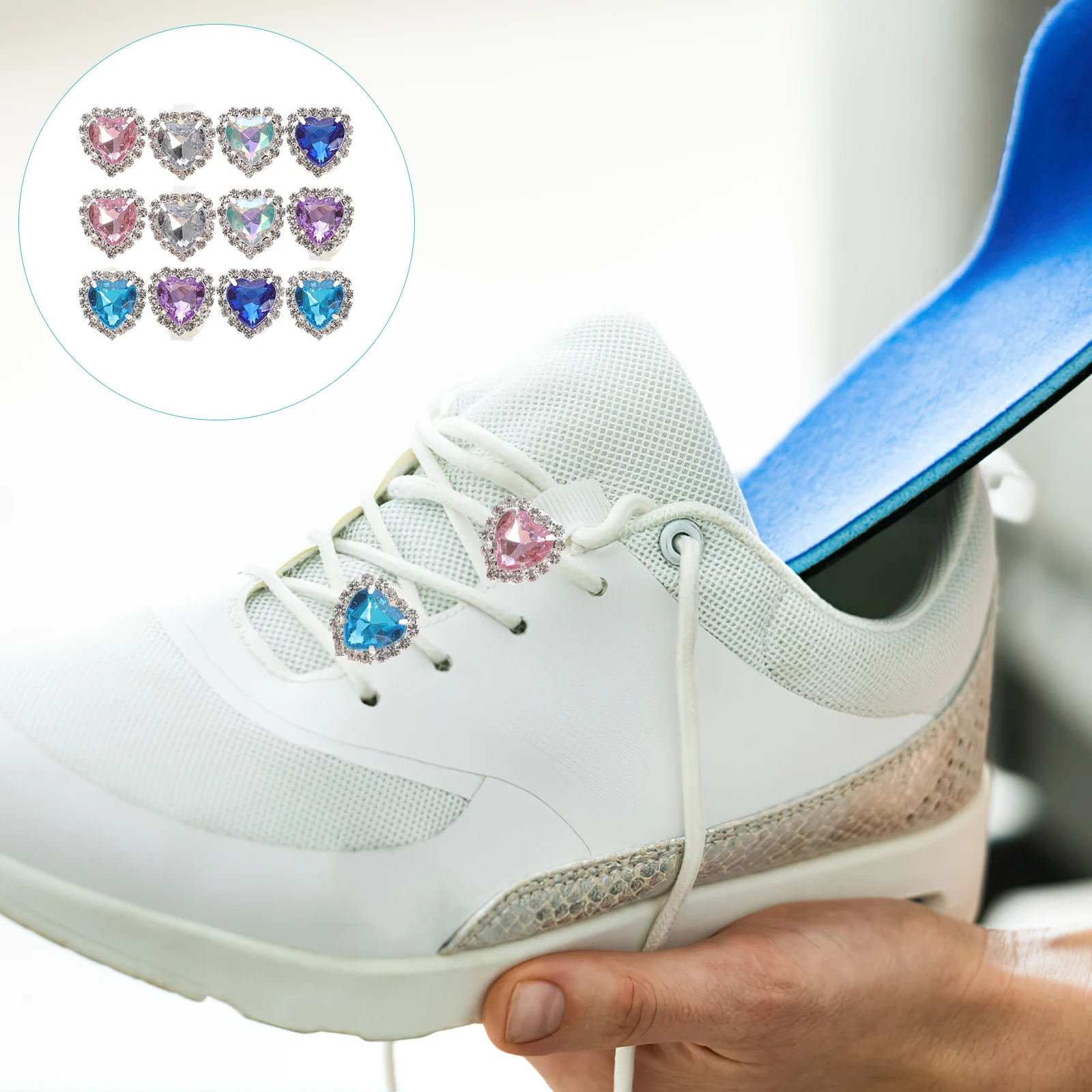 

12pcs Shoelace Clips White Gem Buckle Accessories Blue Purple Pink Colors Glass Aluminum Heart Rhinestone Shoe Charms
