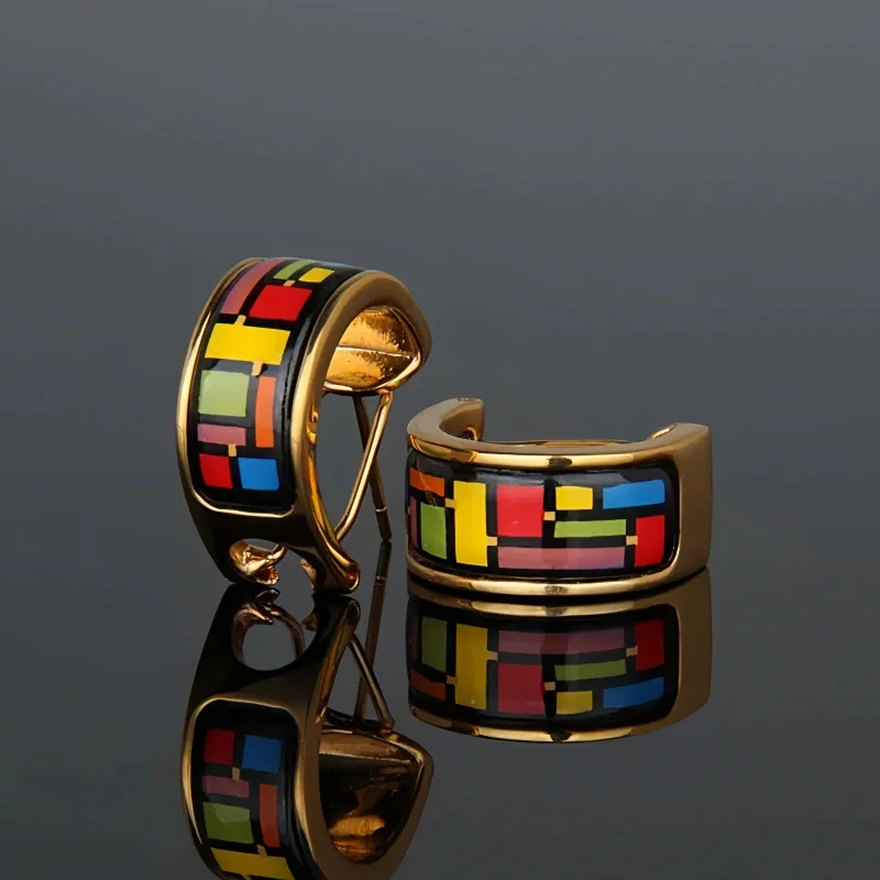 New Cloisonne Charms Stud Earrings for Women Enamel Cross Pattern Gilded Ear Clip Fine Choice Jewelry Lover's Gift Wholesale