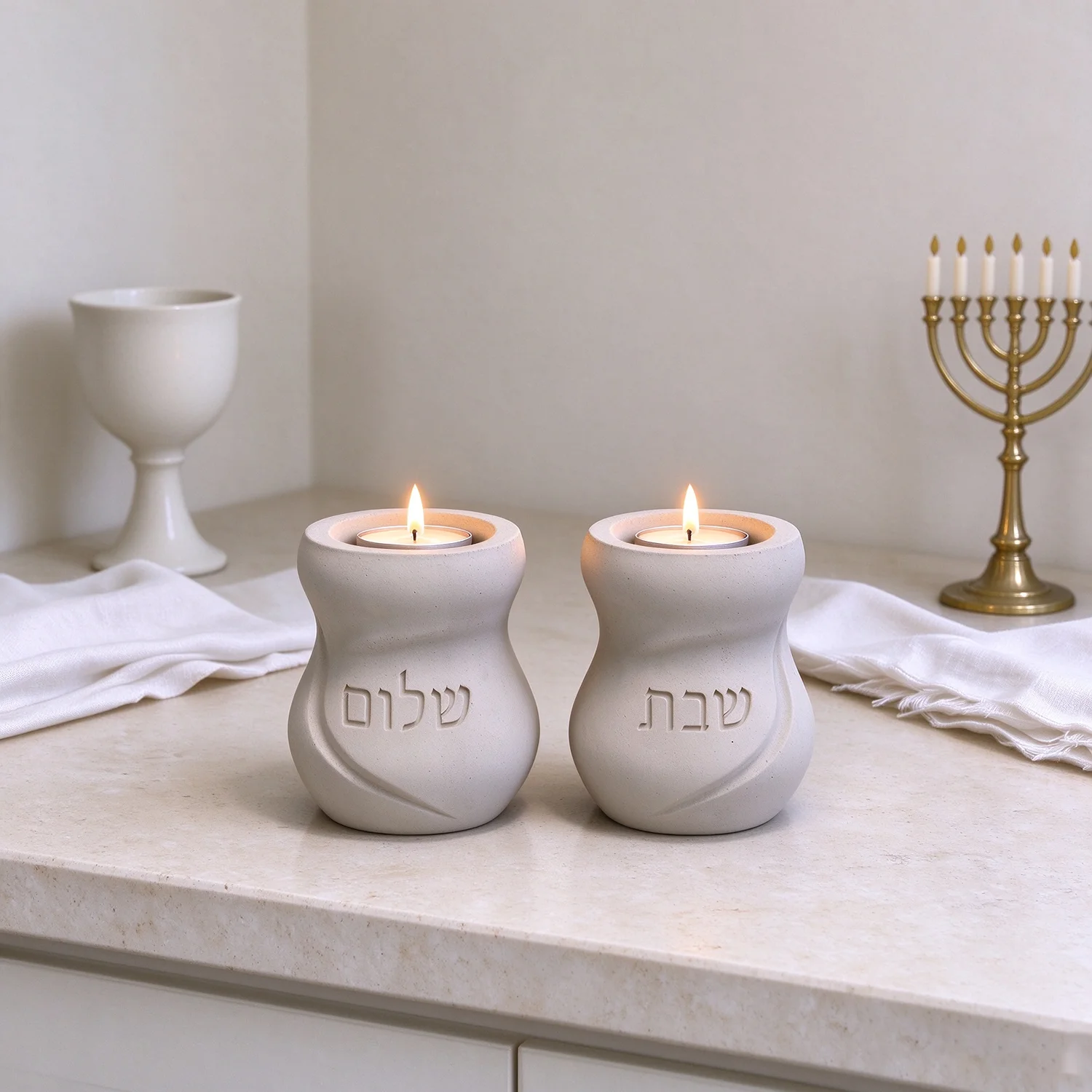 Silicone Mold For Shabbat Shalom Tealight Candle Holder Set, Hebrew Engraved Jewish Judaica Cement PlasterCandlestick Mould