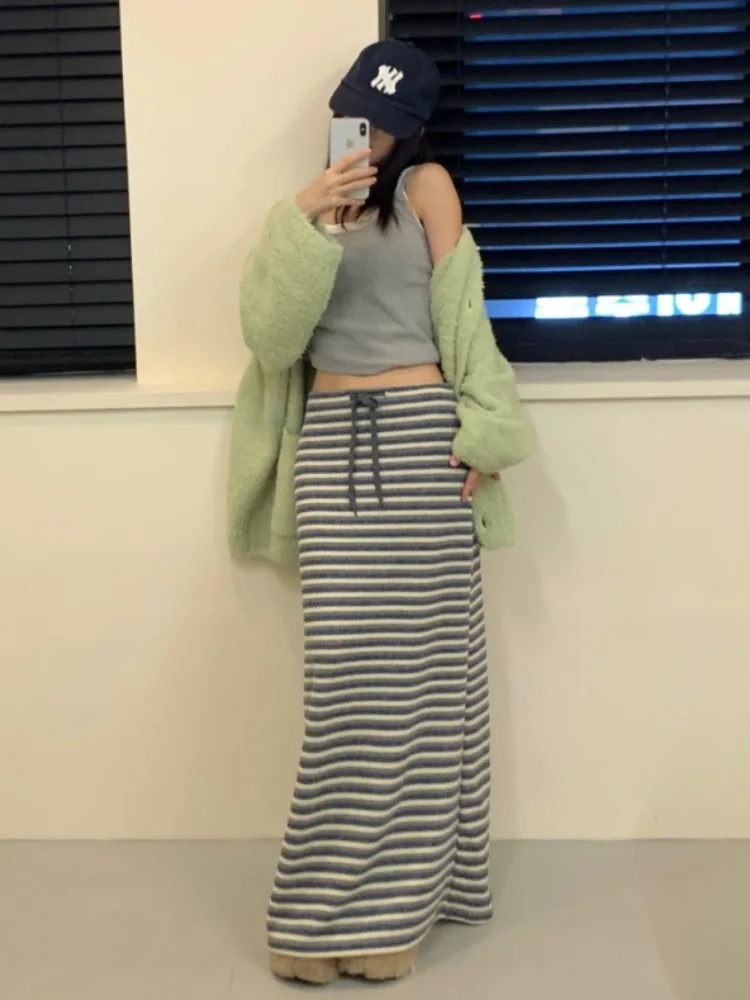 

High Waist Stripe Color Blo Belted f Skirt Women's Autumn Winter Versatile Slimming Walking Skirt Straight Long Skirt